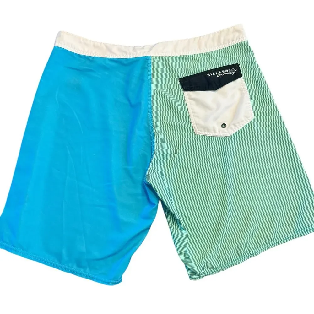 Billabong Men’s aqua and green striped board short, swim, Size 38